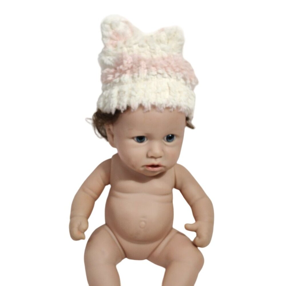 RbG 46-1 Sweet Preemie Baby Doll Realistic Brown Hair Blue Eyes with Beanie FLAW